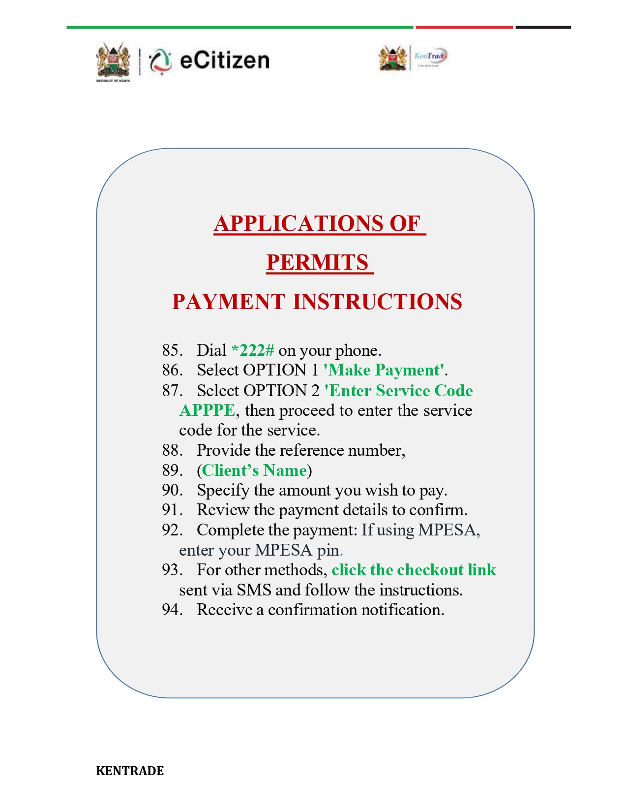 USSD APPLICATION OF PERMITS INSTRUCTIONS